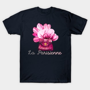 Pink city bag with flower petals around, watercolor, La Parisienne T-Shirt